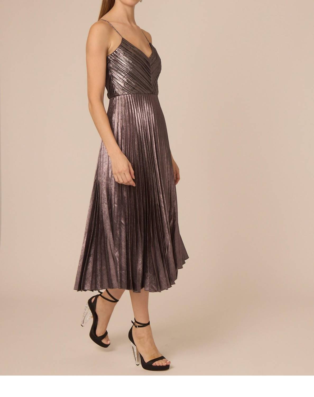 GILNER FARRAR Indie Midi Dress in silver metallic pleating - women's dress - detail view