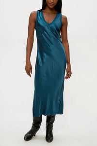 Michael Stars Randi Satin V Neck Midi Dress in rainforest - women's dress
