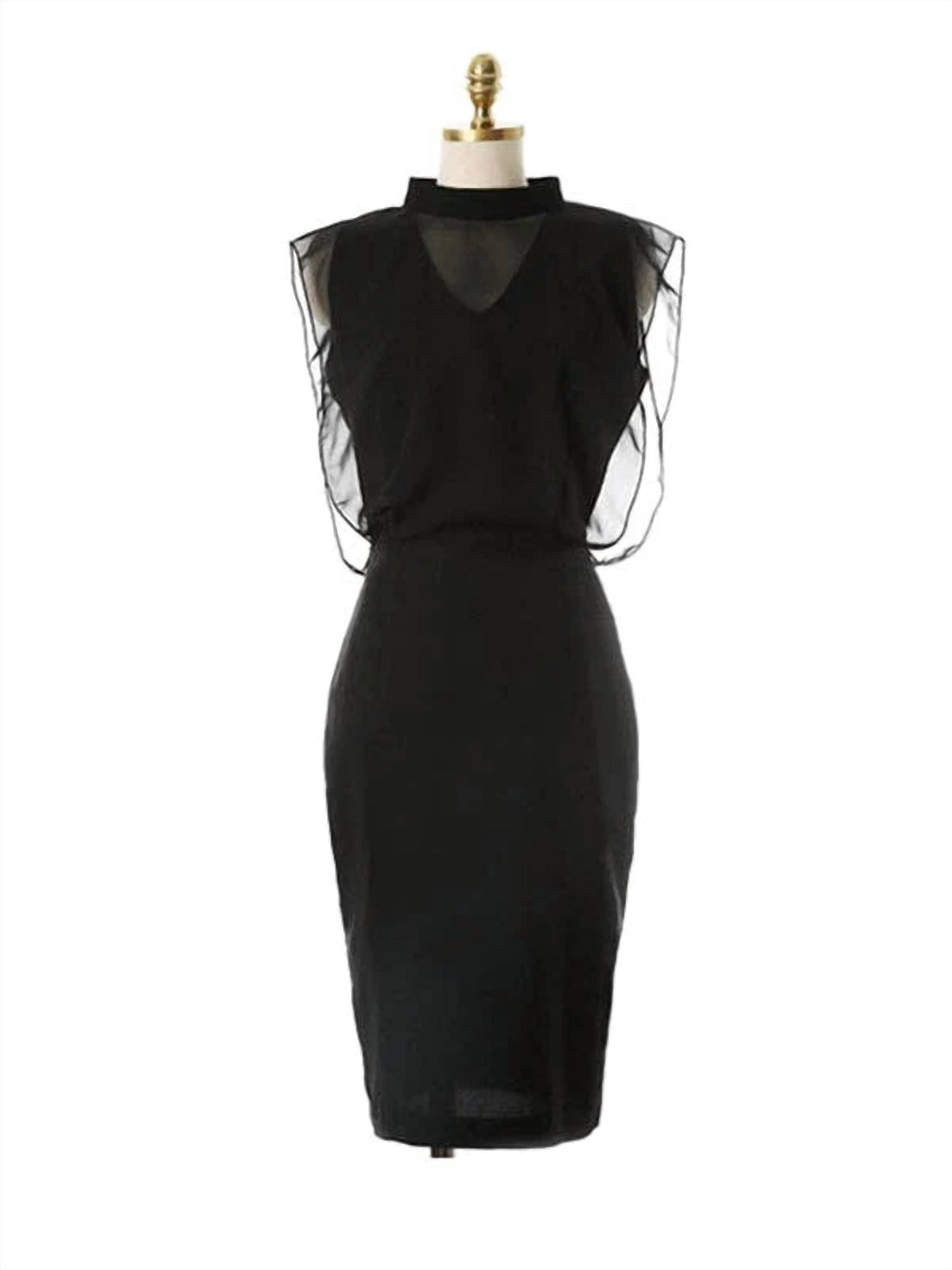 Vividlux - Sleeveless Gauze Hollow See-through Stand Collar Midi Dress