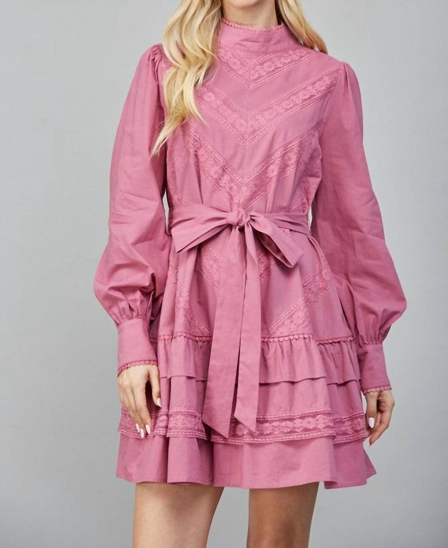 Fate - Sandra Lace Trim Detail High Neck Ruffle Dress