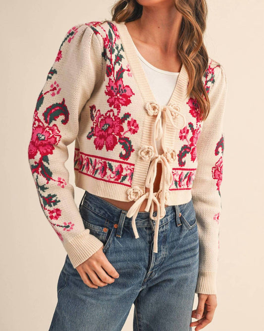 &Merci - Floral Knit Tie-front Cropped Sweater Cardigan
