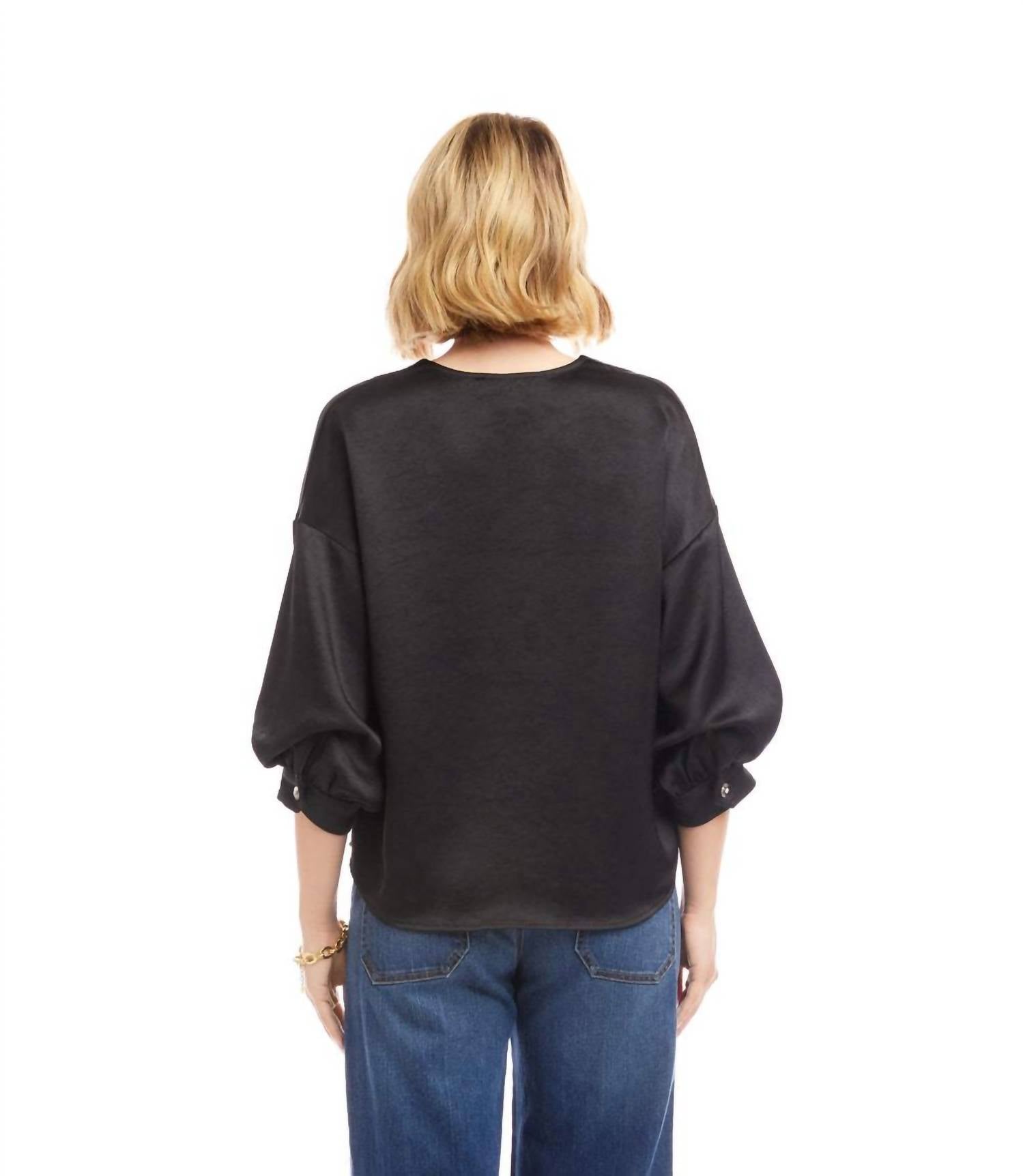 Karen Kane Lantern Sleeve Crystal Rhinestone Button Satin Top in black - women's blouse - view 4