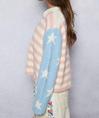 POL American Flag Mohair Sweater Jacket in pink baby blue - women's jacket - detail view