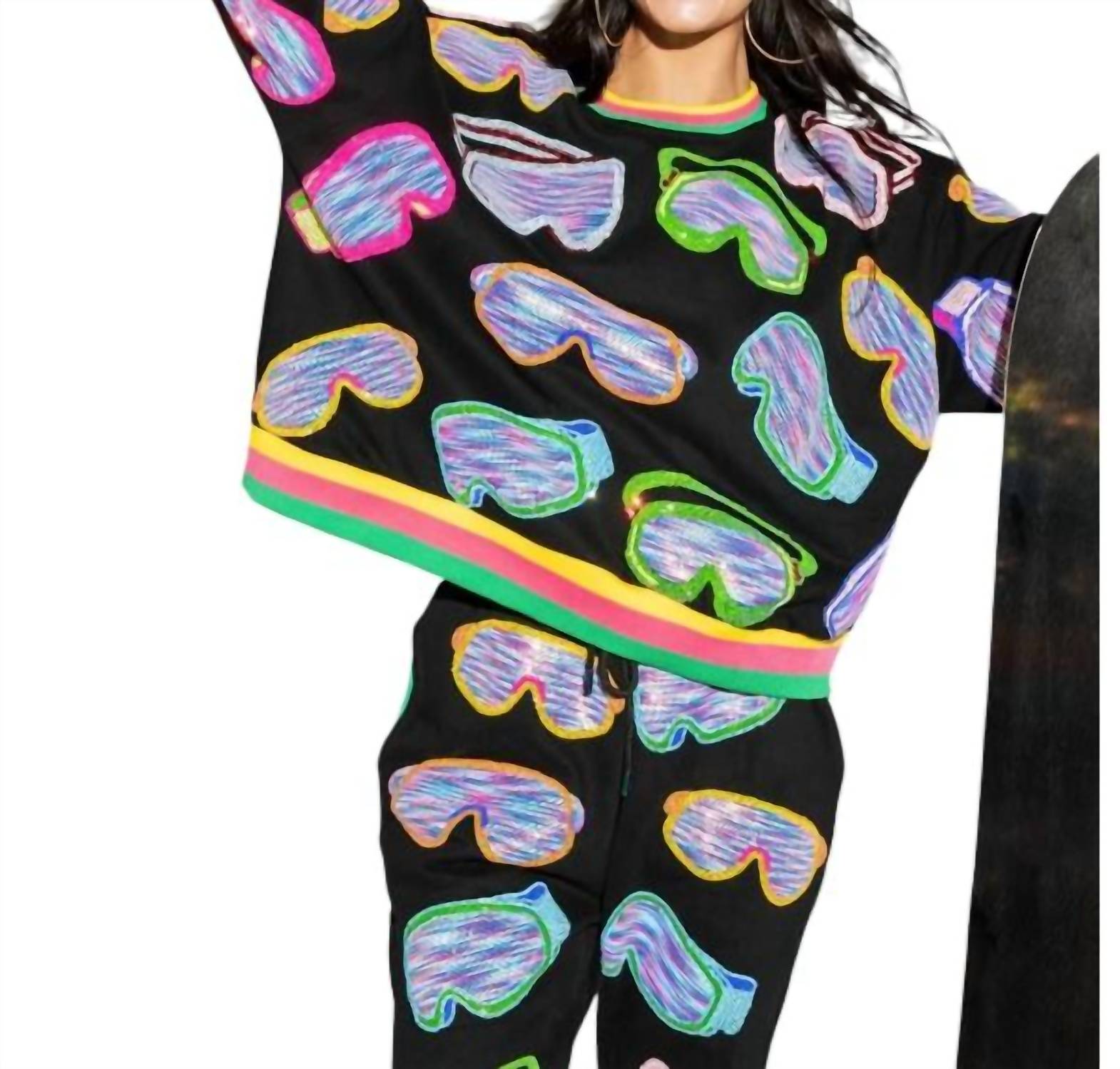 QUEEN OF SPARKLES Ski Goggle Sport Stripe Sweatshirt in black multi - women's top