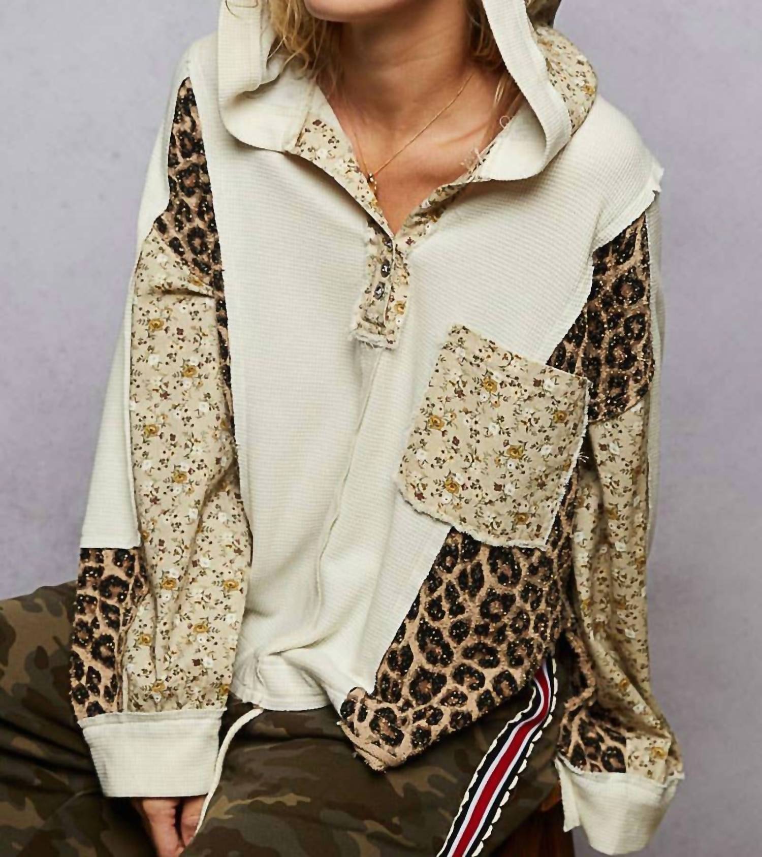 POL Printed Contrast Thermal Hooded Knit Top in cream - women's long sleeve top - view 5
