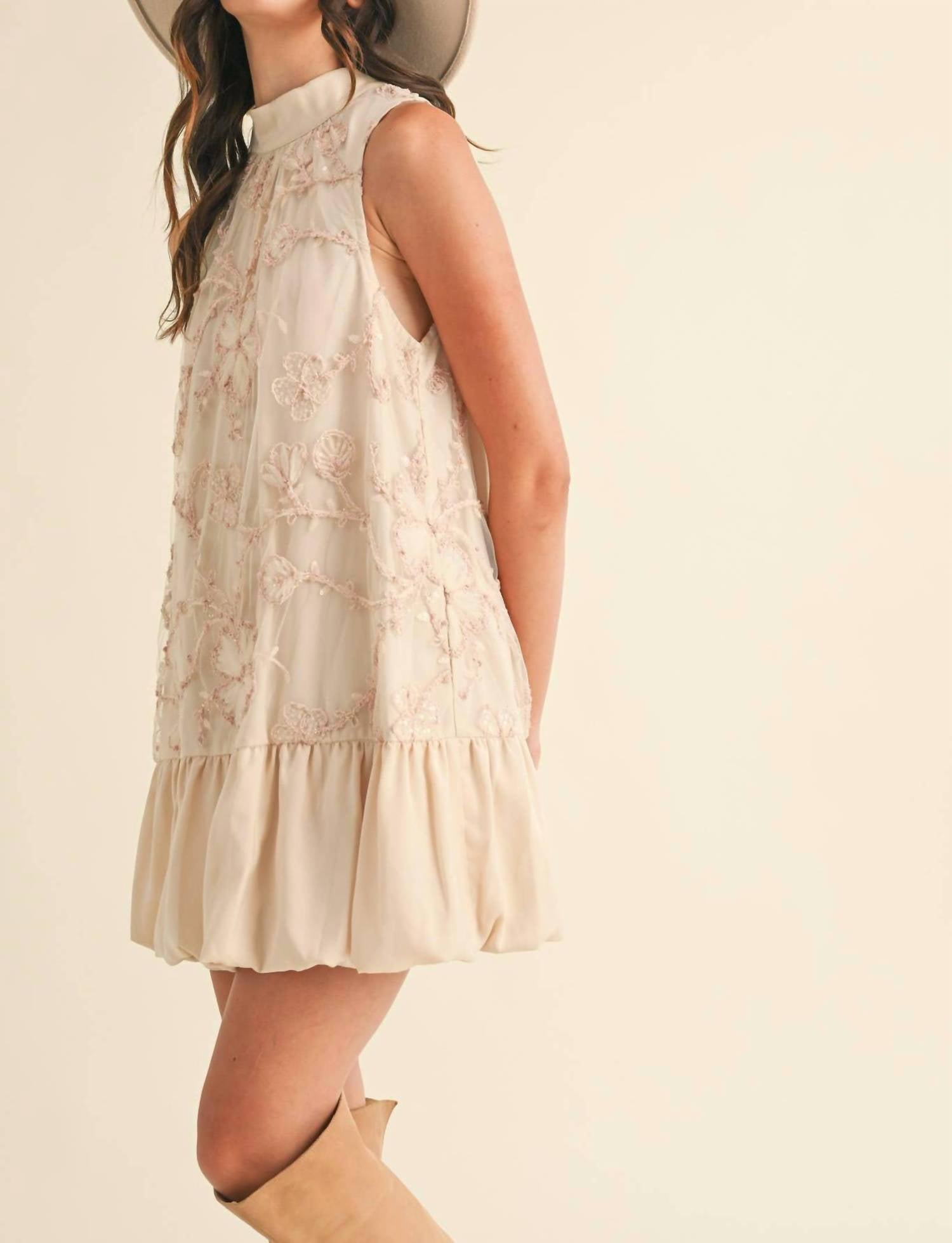 &Merci - Bubble Hem Embellished Mixed Media Mini Dress