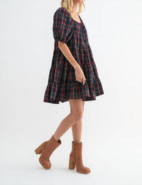 WISHLIST Holly Plaid Puff Sleeve Tiered Midi Dress in navy - women's dress - detail view