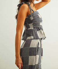 MIOU MUSE Gingham Patch Effect Top in navy - women's shirt - view 5