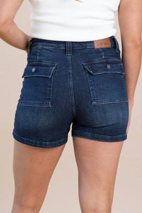 Judy Blue High Waist Back Flap Pocket Shorts in blue - women's shorts - detail view