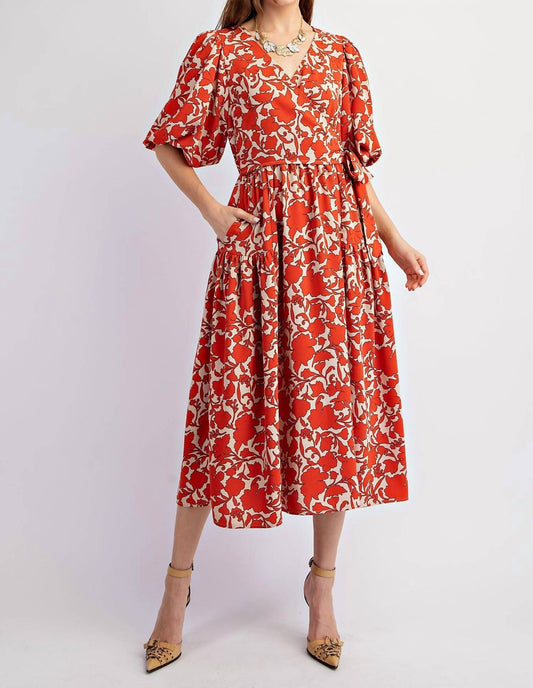 Easel - Floral Printed Sophia Twill Surplus Midi Dress