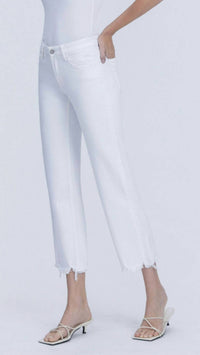 VERVET BY FLYING MONKEY Mid Rise Uneven Frayed Hem Cropped Straight Jeans in white - women's jeans - detail view