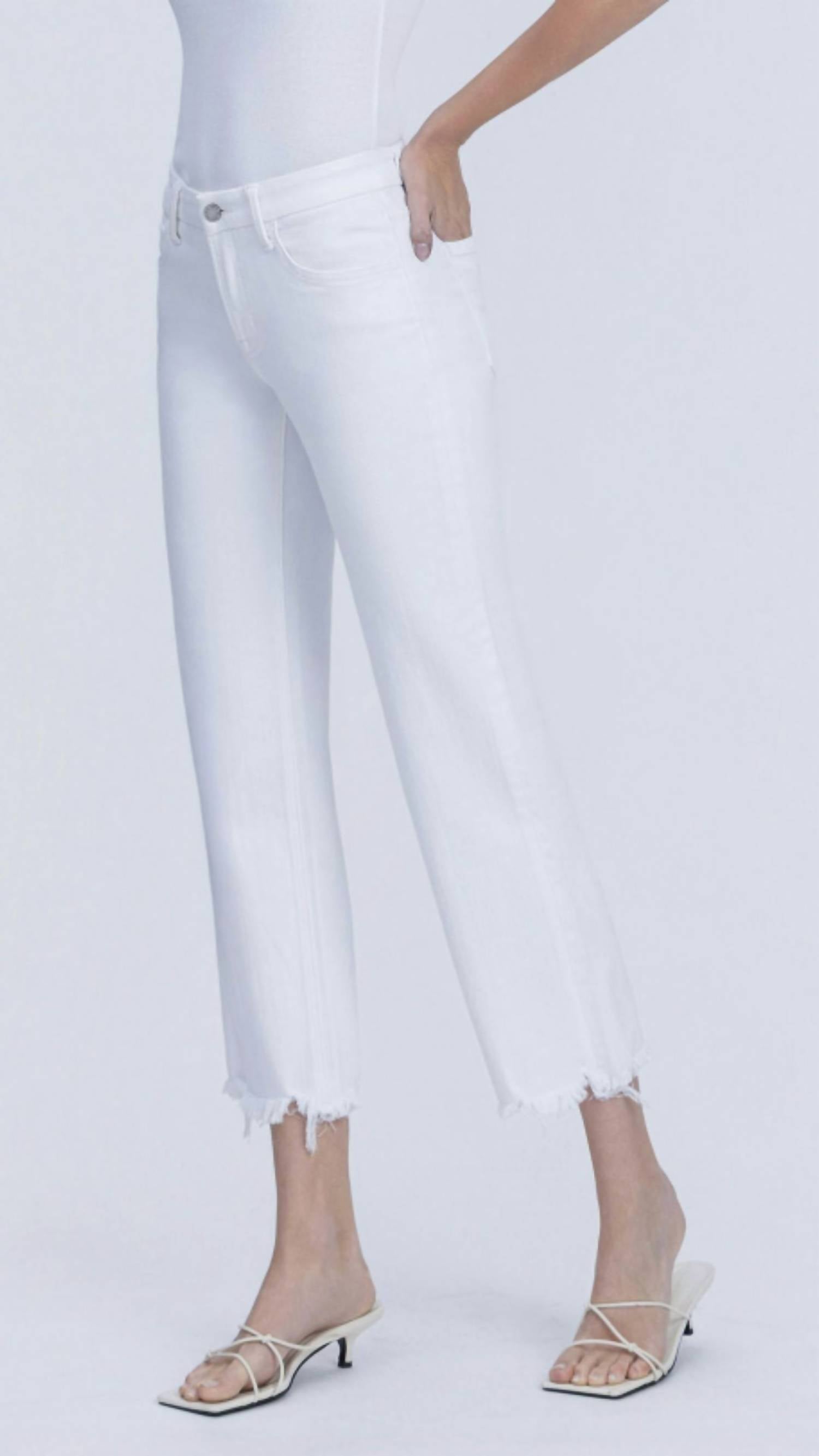VERVET BY FLYING MONKEY Mid Rise Uneven Frayed Hem Cropped Straight Jeans in white - women's jeans - detail view