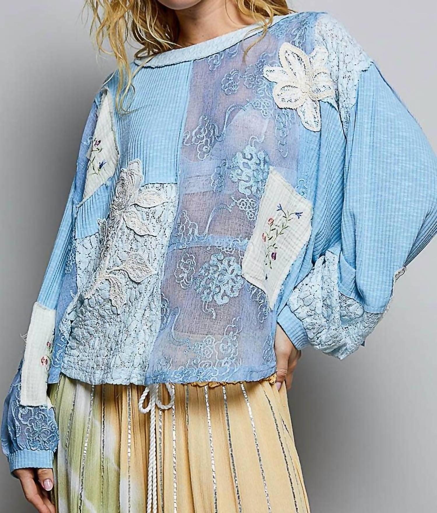 POL Crochet Embroidered Patch Lace Top in powder blue - women's blouse - view 4