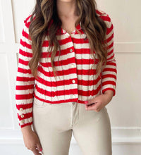 Dex Long Sleeve Knit Cardigan in scarlet cream stripe - women's cardigan