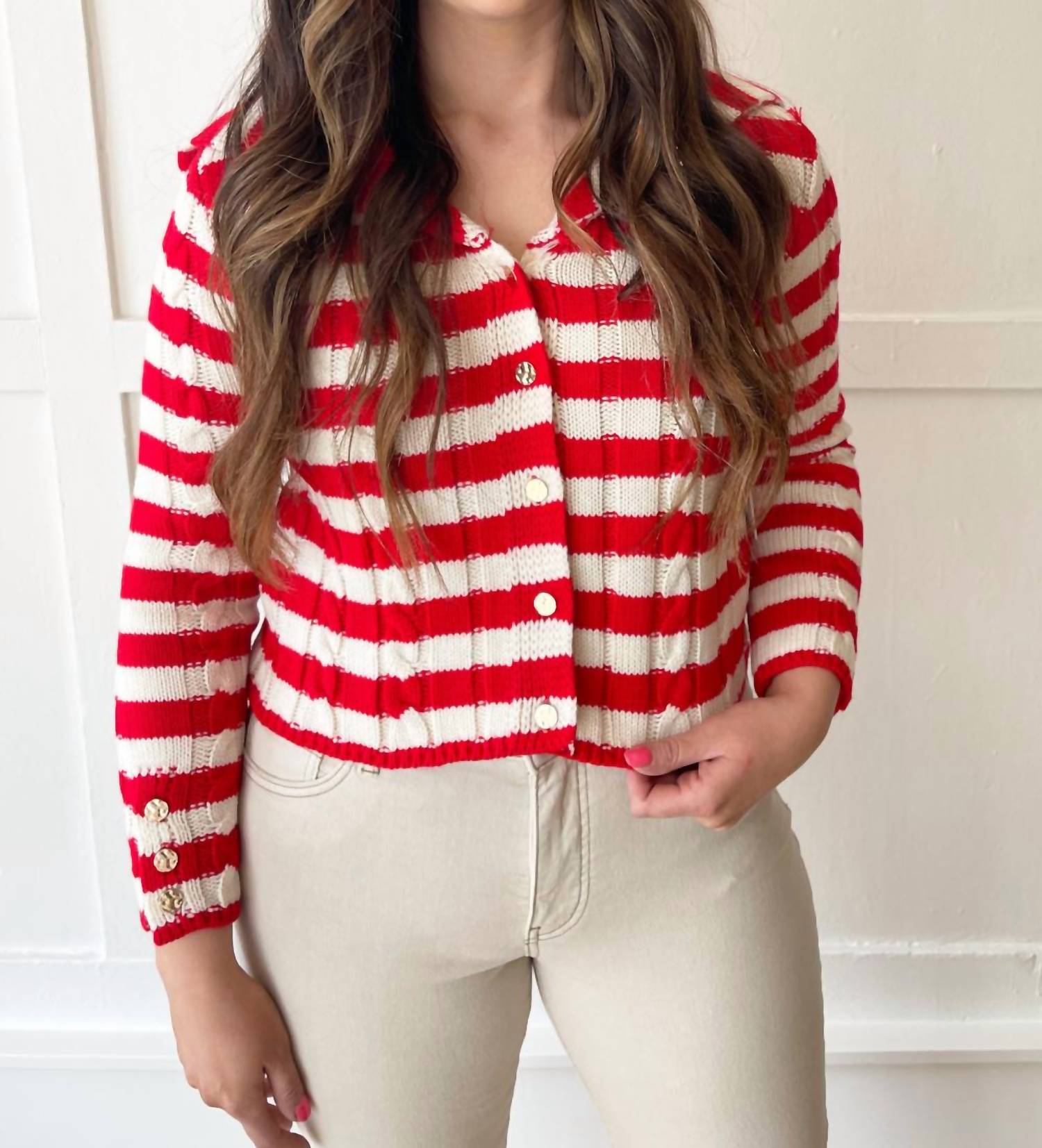 Dex Long Sleeve Knit Cardigan in scarlet cream stripe - women's cardigan