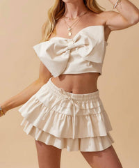 Day + Moon - Faux Leather Strapless Bow Tie Crop Top