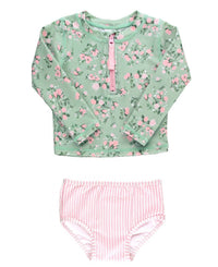 Rufflebutts - Tea Roses Long Sleeve Zipper Rash Guard 2-piece Swimsuit