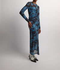 Ganni - Printed Mesh O-neck Ruched Long Dress