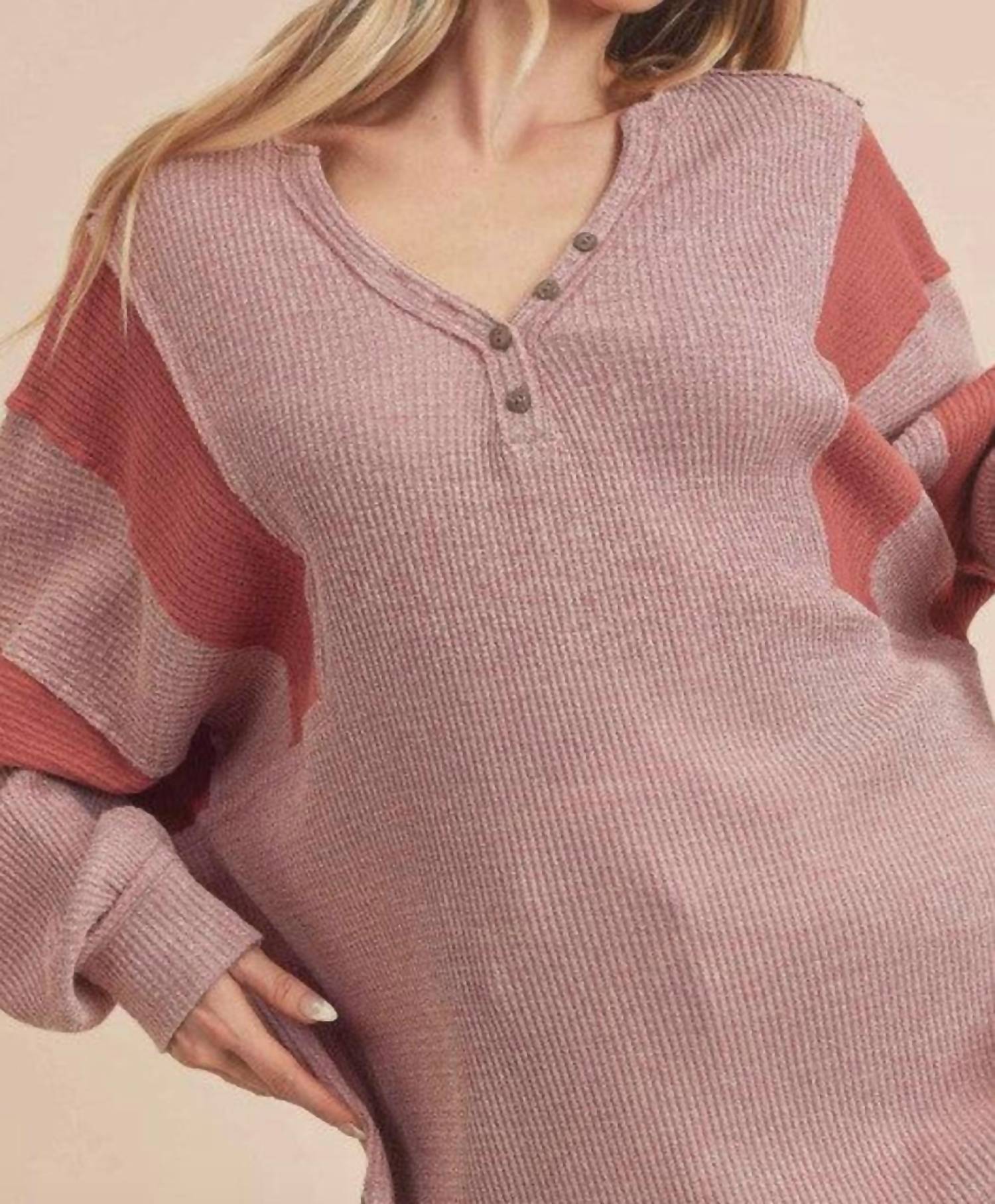 AEMI + CO Fern Lightweight Patch Henley Sweater in mauve - women's long sleeve top - view 4