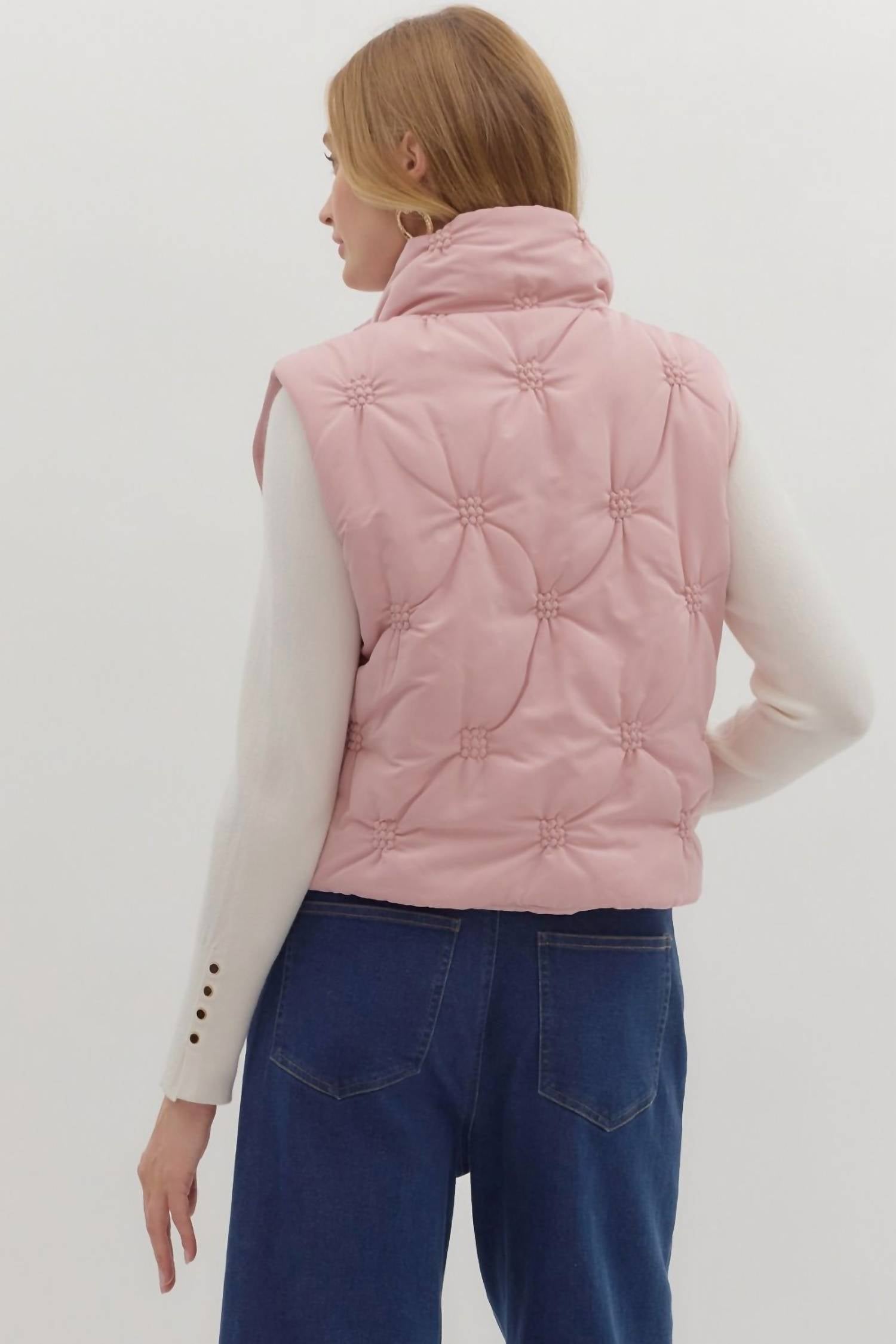 entro High Neck Puffer Vest in dusty rose - women's jacket - detail view