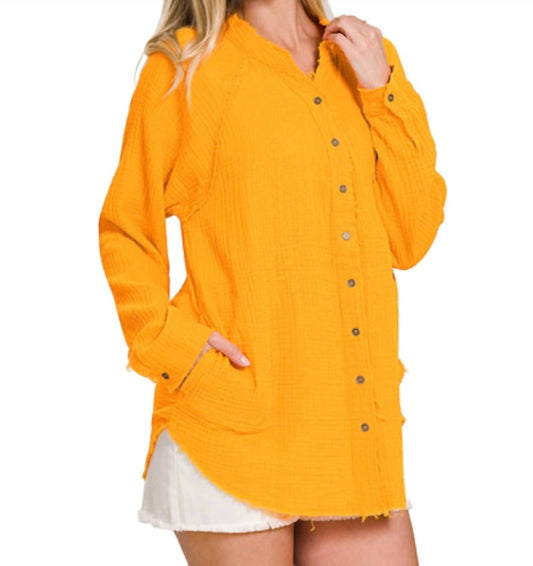 Zenana - Gauze Button Down Raw Edge Shirt