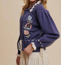 Listicle The Meadow Bloom Knit Cardigan in blue - women's cardigan - detail view