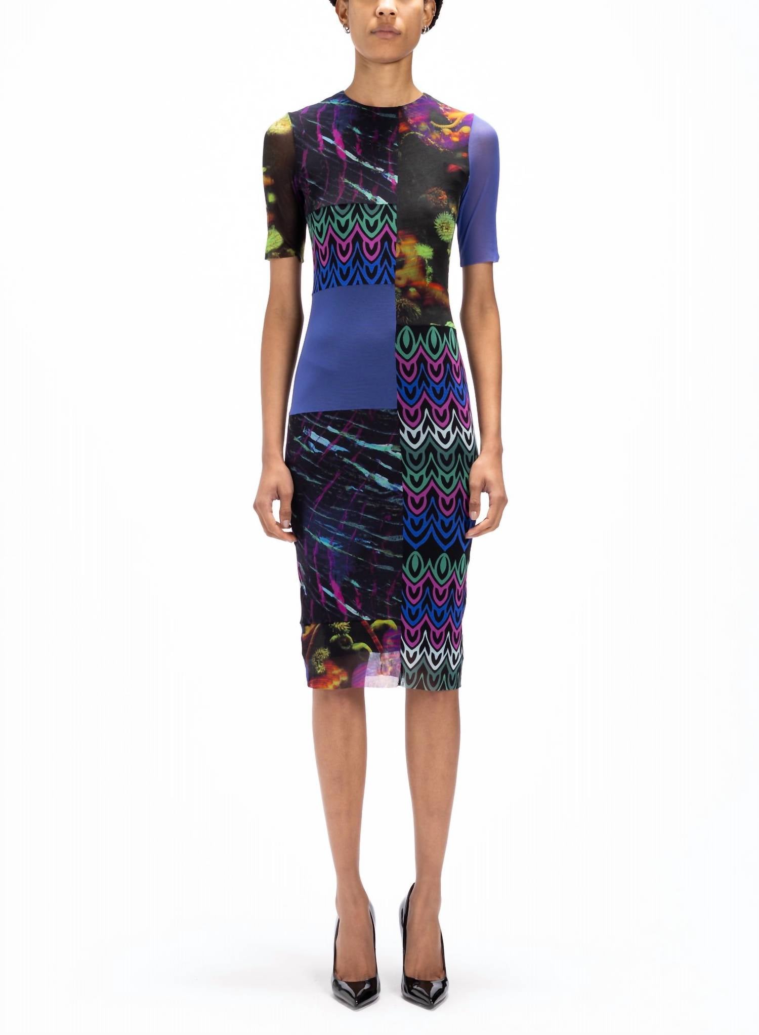 Fuzzi - Printed Mesh Short Sleeve Midi Dress
