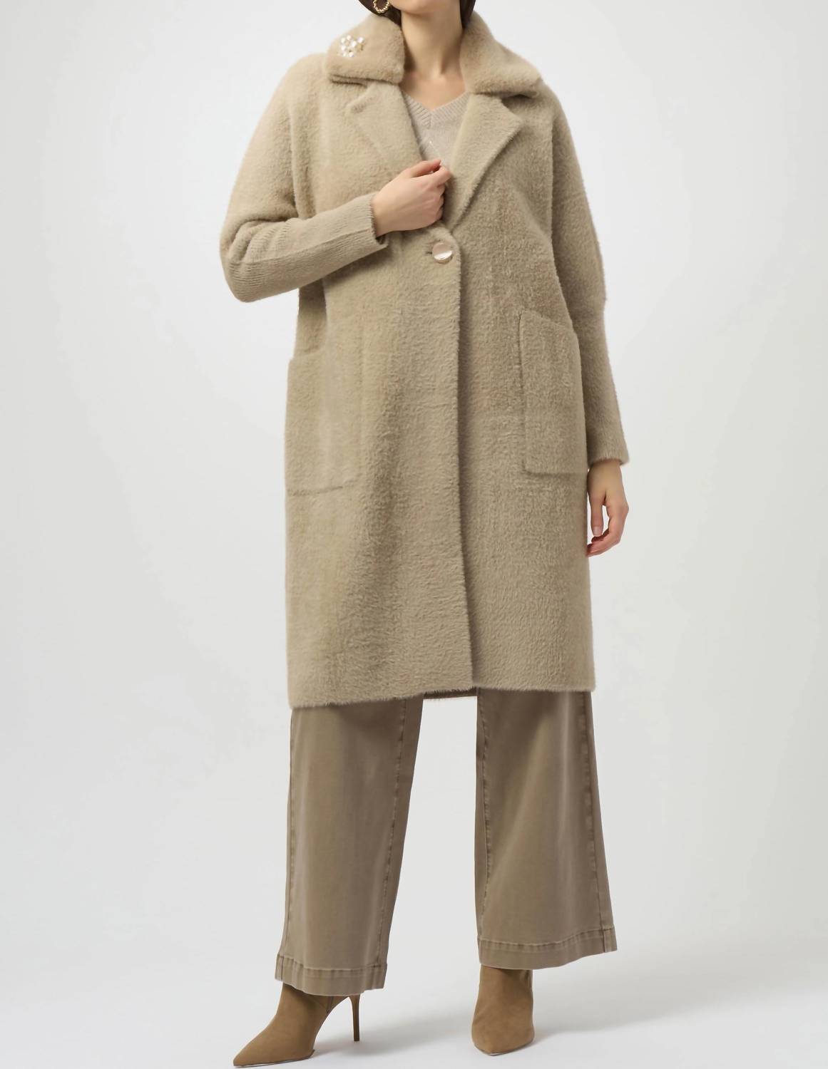 Joseph Ribkoff - Fancee Feather Yarn And Faux Fur Sweater Coat
