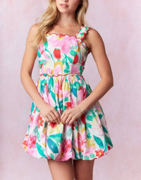 Peach Love - Scalloped Floral Bubble Hem Mini Dress