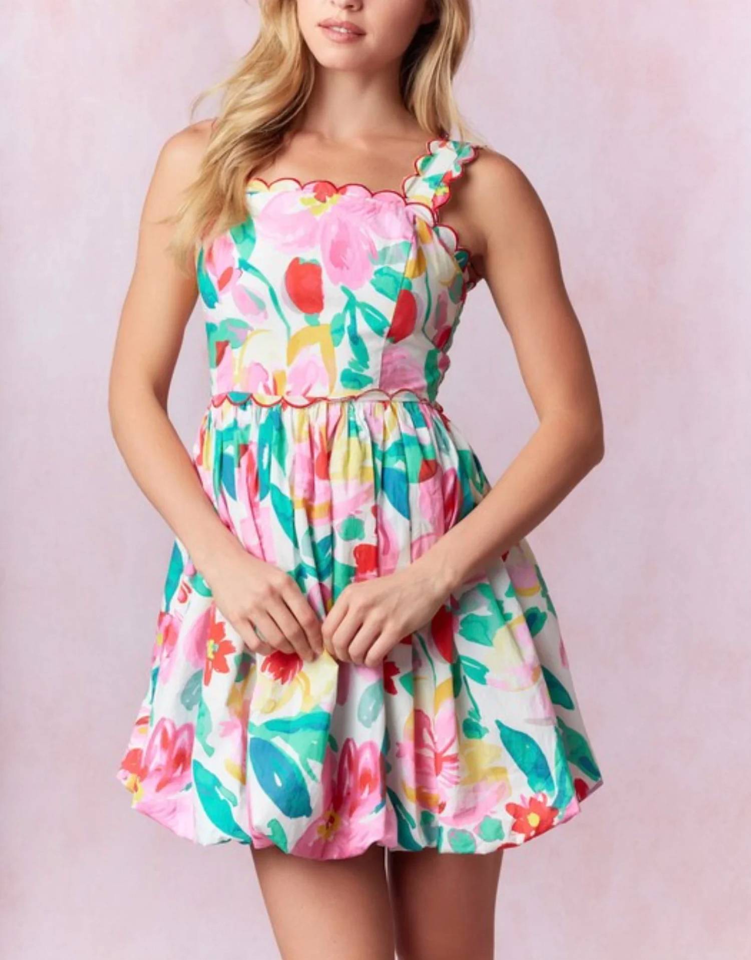 Peach Love - Scalloped Floral Bubble Hem Mini Dress