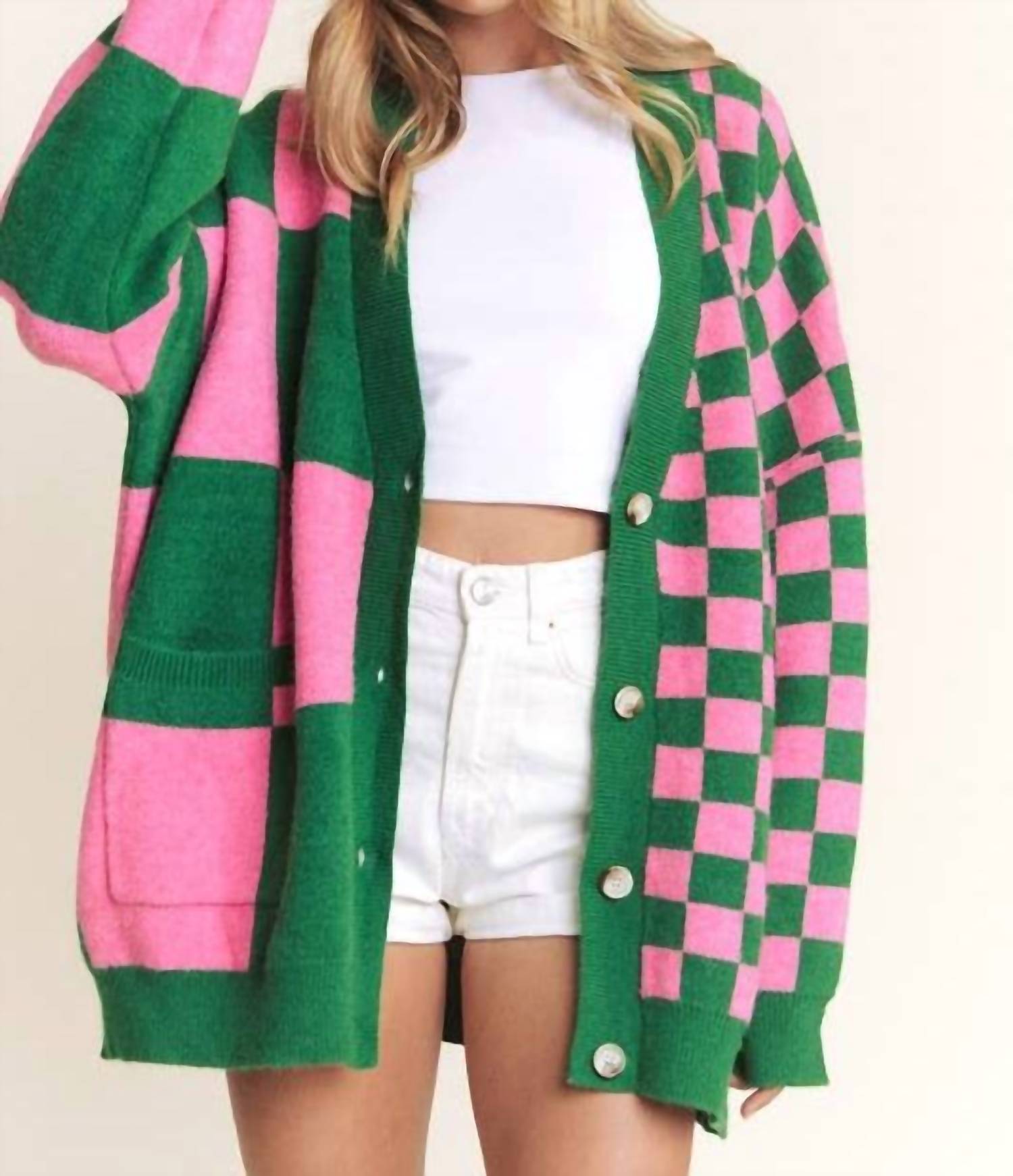 Jade By Jane - Button Down Long Sleeve Checkered Oversized Cardigan