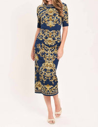 Flying Tomato - Nobel Golden Flourish Woven Midi Dress