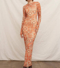 En Creme - Mesh Printed Long Sleeve Maxi Dress