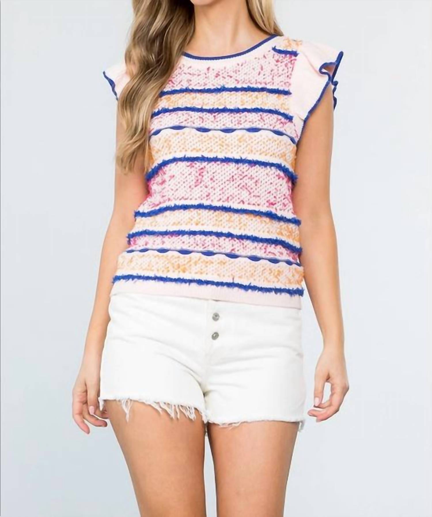 Thml - Ribbed Fringe Ruffle Sleeve Top