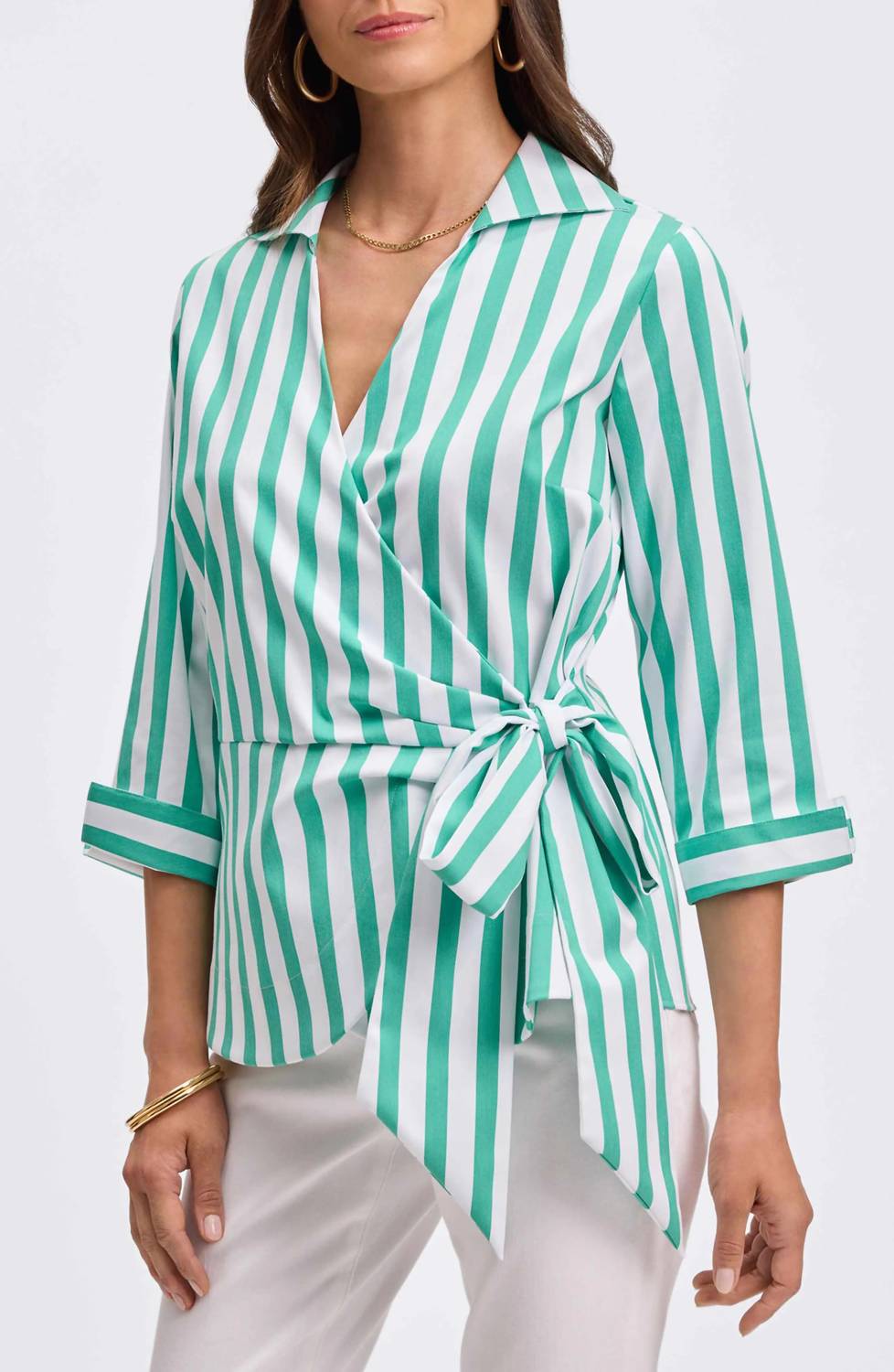 Foxcroft - Salina Stripe Cotton Blend Wrap Shirt