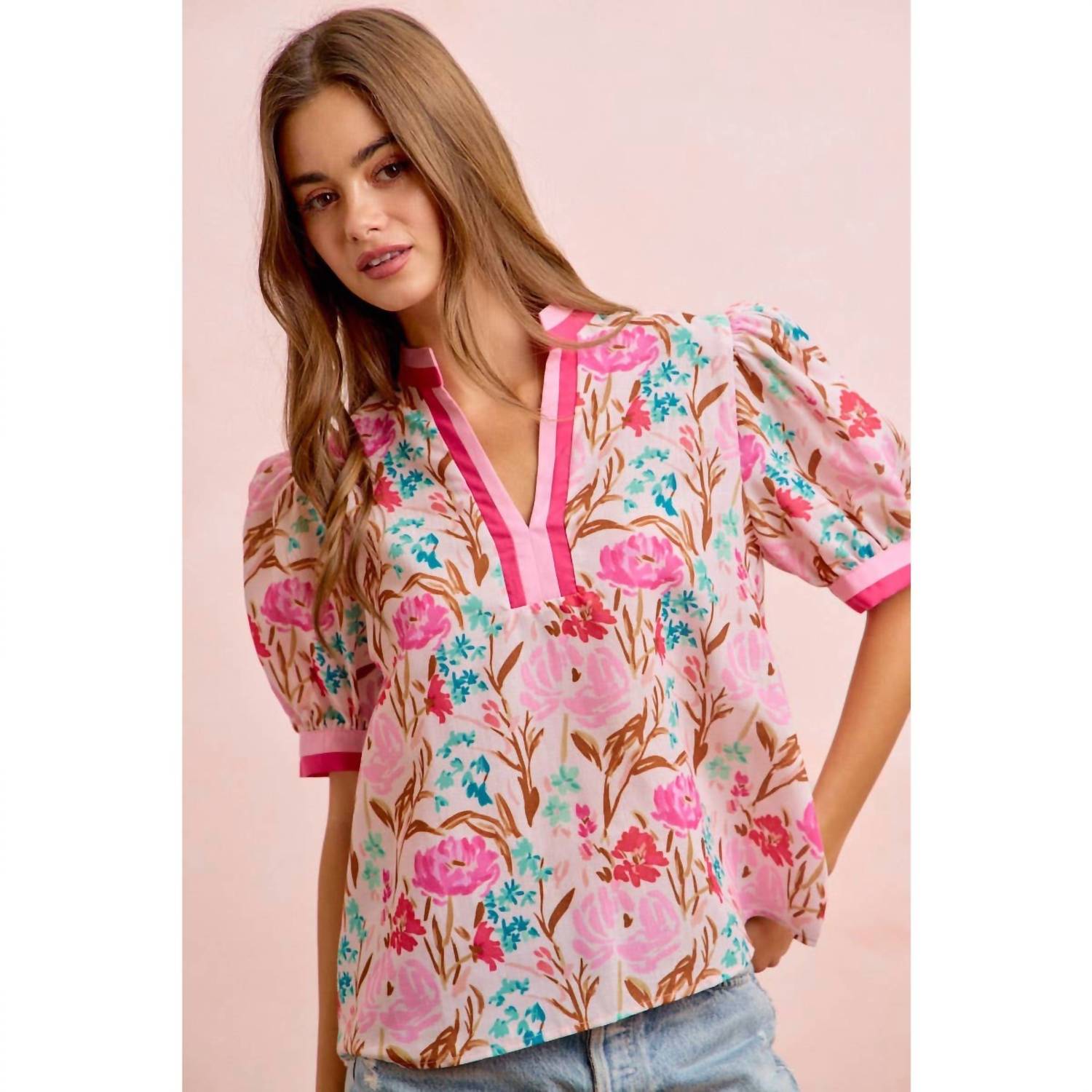 Bibi - Flower Printed Woven Contrast Top