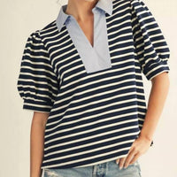 Jodifl - Short Sleeves Stripe Top With Solid Contrast Neckline