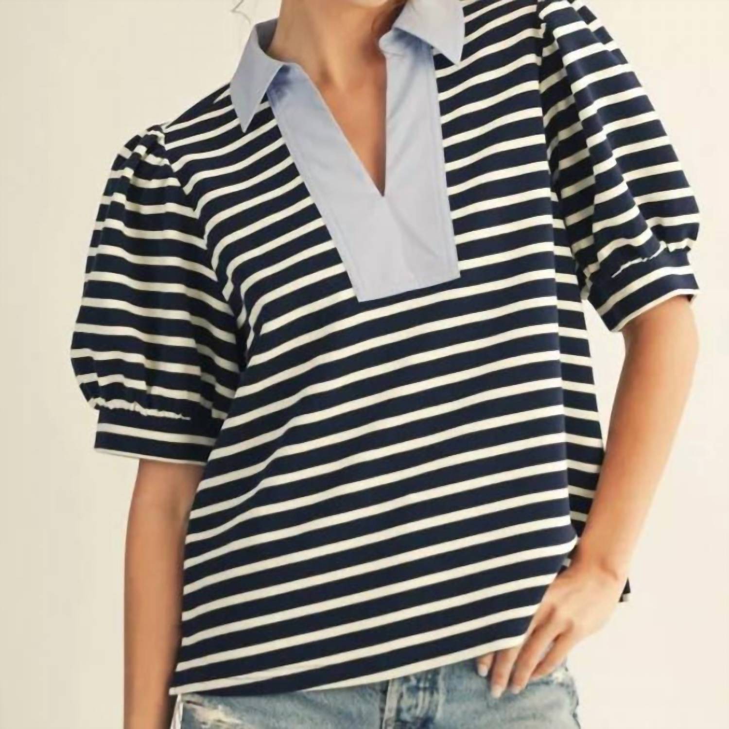Jodifl - Short Sleeves Stripe Top With Solid Contrast Neckline
