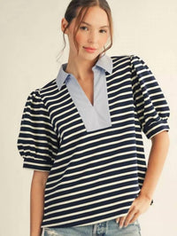 Jodifl - Short Sleeves Stripe Top With Solid Contrast Neckline