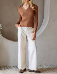 SKIES ARE BLUE Long Sleeve Ribbed Knit Collared Shirt in mocha - women's t-shirt
