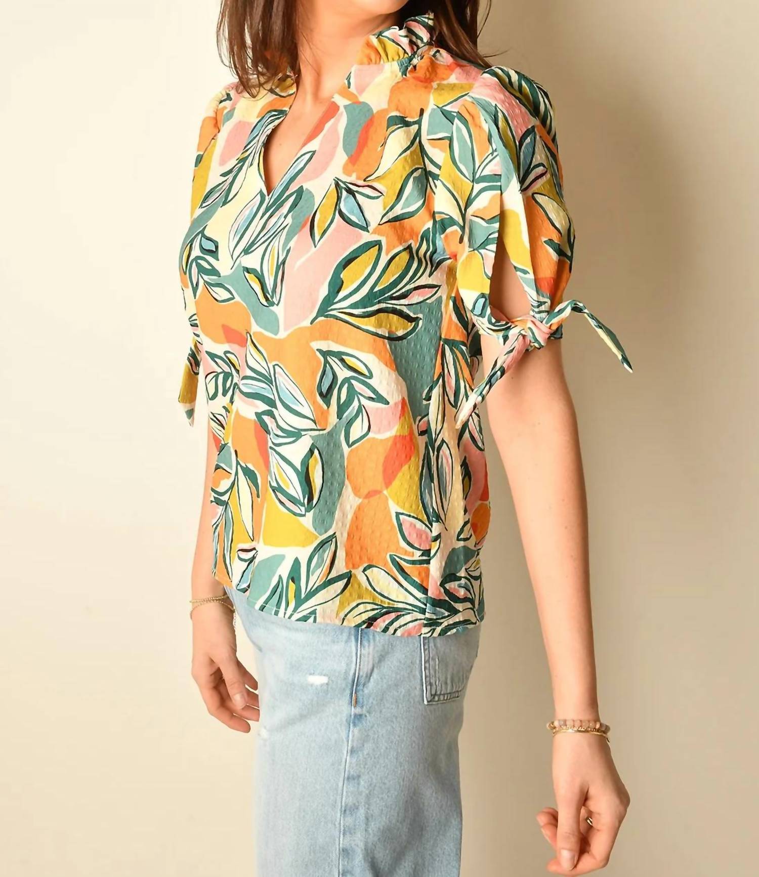 Thml - Leaf Print Top With Sleeve Tie