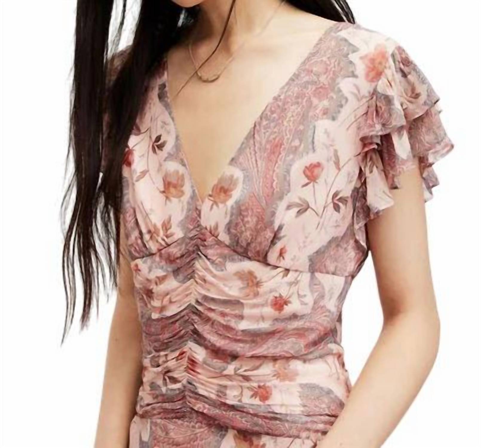 AllSaints Brea Floral Print Cascade Maxi Dress in clay pink - women's dress - view 4