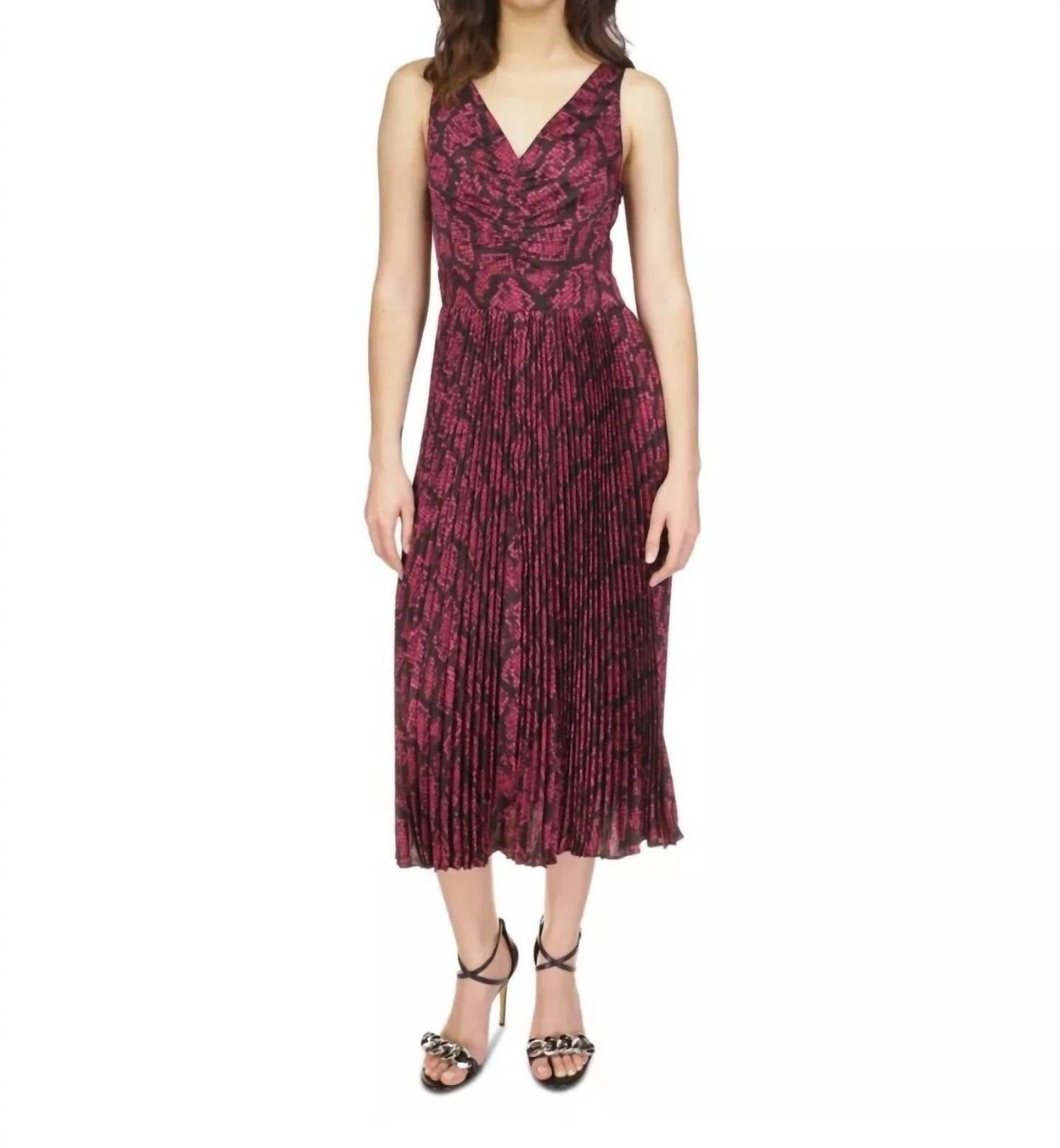 MICHAEL KORS Snakeskin-print Pleated Midi Dress in deep fuschia - women's dress