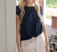 GILLI Crisp Knot Short Sleeve Blouse in navy - women's blouse - detail view