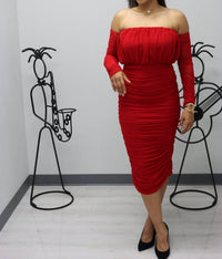Cameo - Nicole's Ruched Off Shoulder Midi Dress