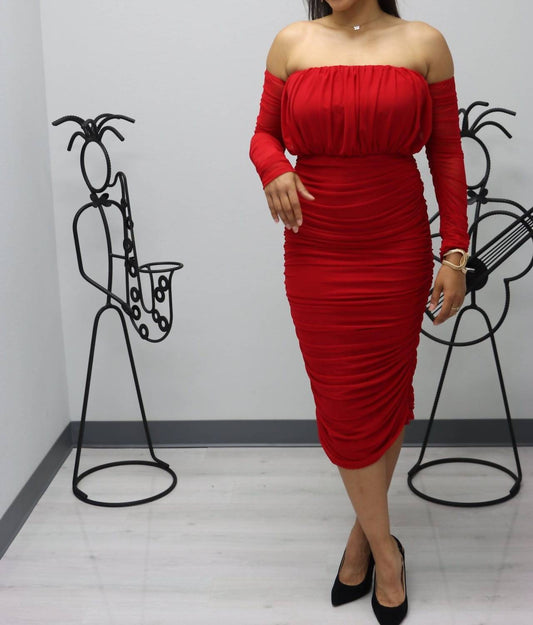 Cameo - Nicole's Ruched Off Shoulder Midi Dress