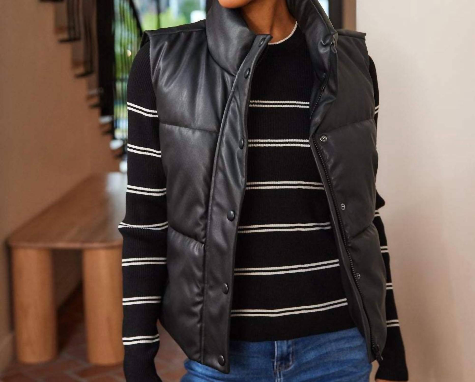 Karen Kane Faux Leather Quilted Puffer Vest in black - women's jacket - view 5
