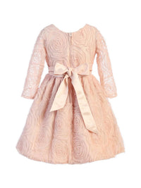 Sweet Kids - Three Quarter Sleeve Rosette Mesh Satin Dress