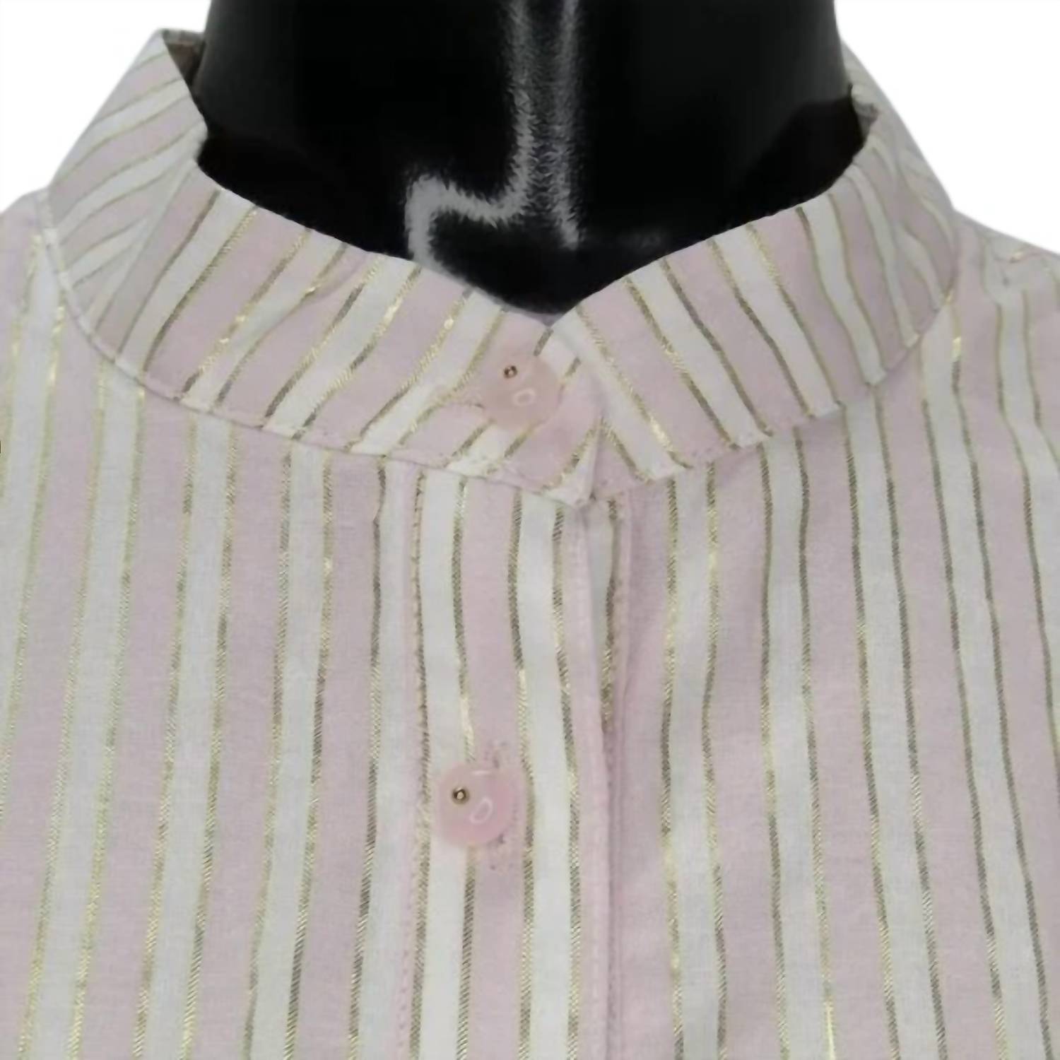 Ciebon - Women's Metallic Striped Puff Sleeves Button Top