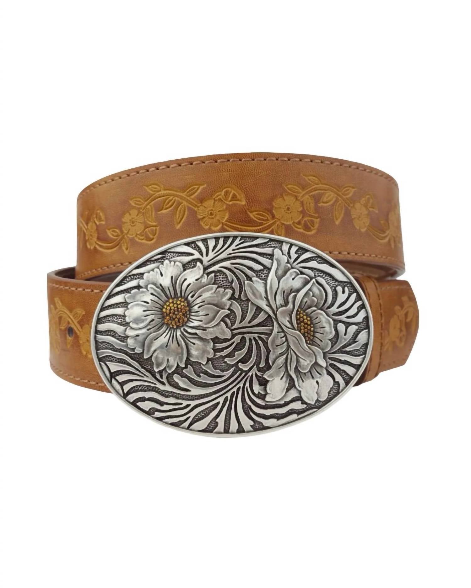 Axesoria West - Women's Sunflower Buckle With Vintage Floral Tooled Belt